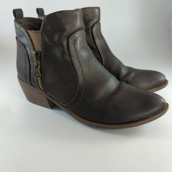 G By Guess Boots Womens 7M Heels Side Zip Ankle Booties Brown Leather Almond Toe - Picture 1 of 13